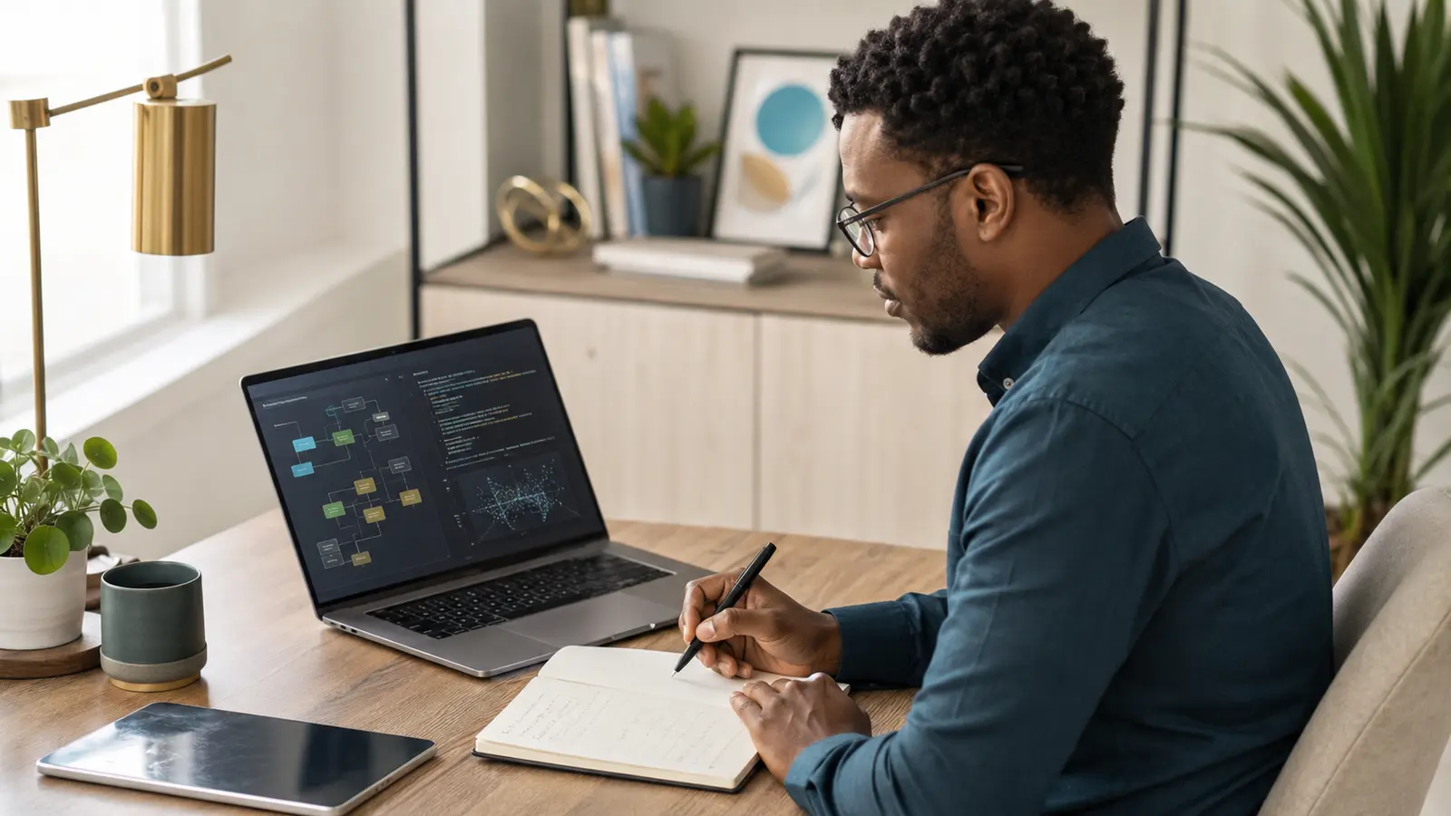 Black professional completing technical AI training on a laptop and taking notes
