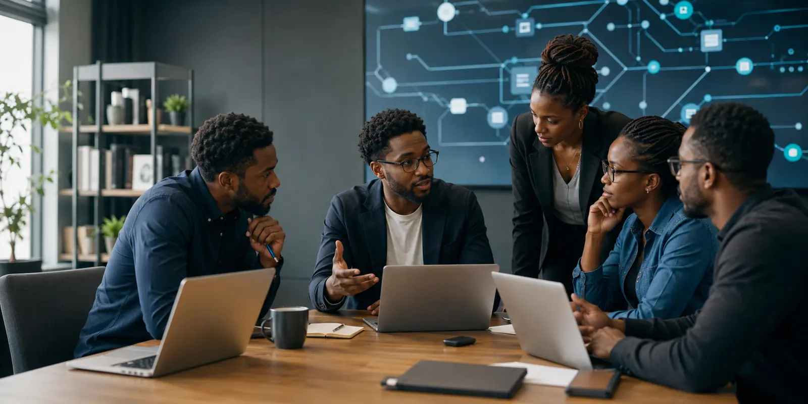 Black technical professionals collaborating around a worktable in a modern technology workspace