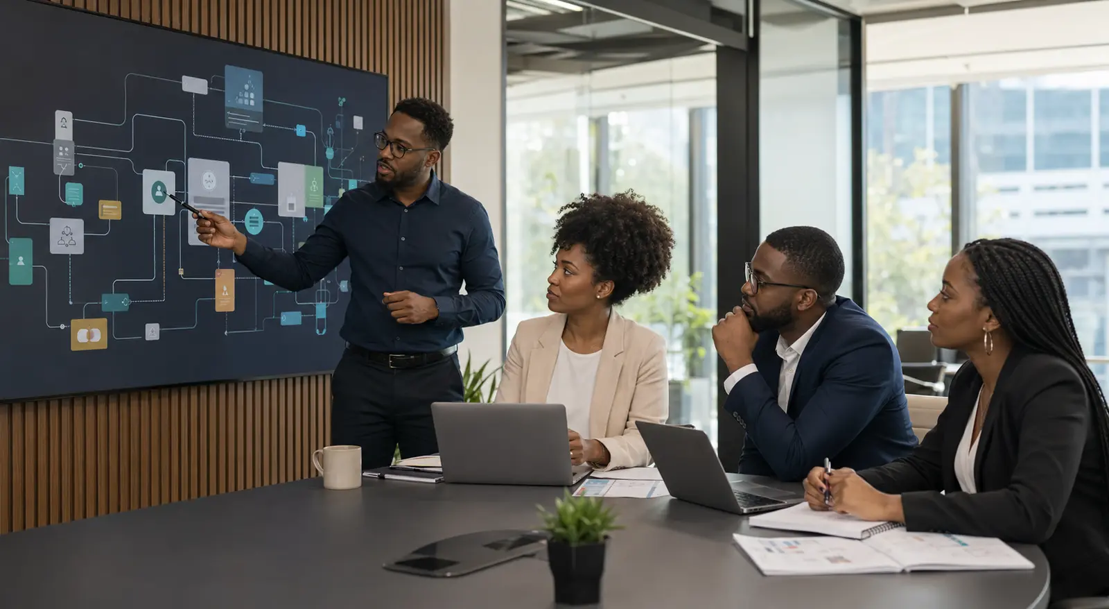 Professionals collaborating on an organizational AI initiative